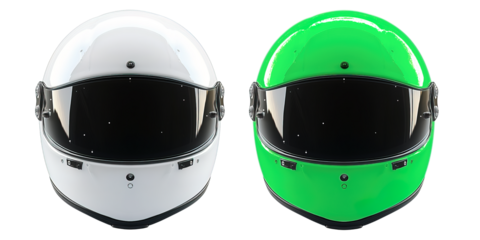 set of white and green motorcycle helmet isolated on transparent background, racing helmet, generative ai