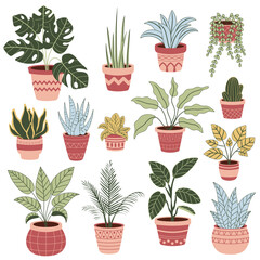 Set of illustrations of indoor plants in pots. Includes various types of plants such as monstera, succulents, palms and others. Perfect for interior design, eco-friendly projects, websites, social med