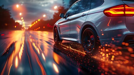 Sleek silver SUV speeding down a wet urban road at night, with vibrant city lights reflecting off the surface