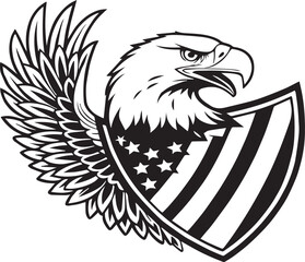 Black Eagle Shield Emblem with Wings, Tribal Tattoo Illustration, Wild Nature Symbol, Cartoon Style