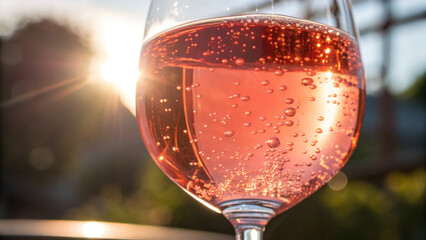 close up view of glass filled with sparkling rose wine, illuminated by warm sun glare, creating refreshing and inviting