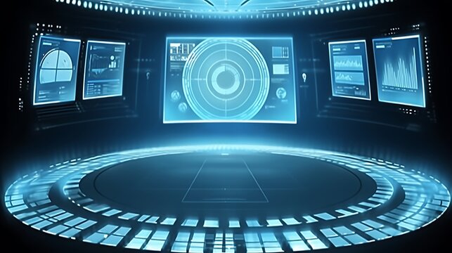 Futuristic digital control room with data displays.