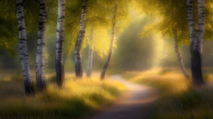 Obraz premium A path winds through a soft-focus birch forest sunlight filtering through the golden foliage creating a dreamy ethereal atmosphere.