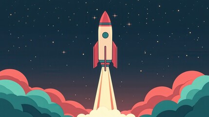 A colorful rocket launches into space, surrounded by clouds against a starry background, symbolizing exploration and adventure.