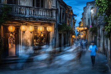 Fototapeta premium Ancient street at dusk illuminated by glowing lanterns with blurred figures in motion.