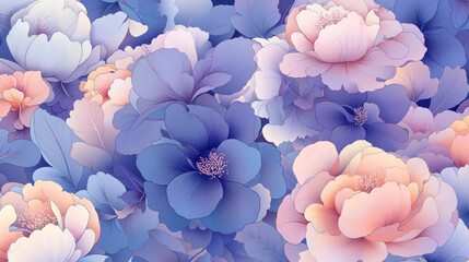 A soft and intricate floral pattern in shades of blue and peach. Romantic, vintage-inspired, and elegant, ideal for textiles, wallpapers, and invitations.