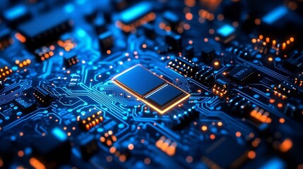 Fototapeta premium High Resolution Close up of a Modern Computer Microprocessor on a Circuit Board with Glowing Traces