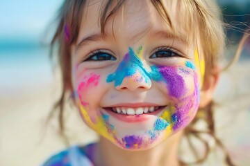 Close-up of a Smiling Child with Multi-Colored Holi Powder on Her Face