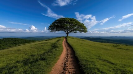 Obraz premium Solitary tree atop a hill, a pathway stretches into the distance