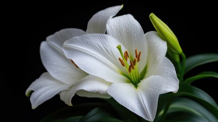 Exquisite white lilies against a dark backdrop. Delicate petals, vibrant stamens, and subtle water droplets highlight the beauty of the flowers. 