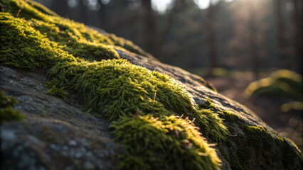 Lush green moss covers sunlit rock, creating serene and tranquil atmosphere forest setting. soft texture of moss contrasts