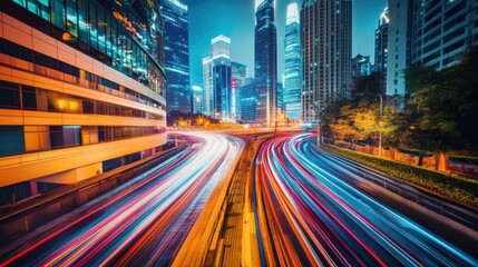 Fototapeta premium City Expressway at Night, Traffic Trails, Skyscrapers Background
