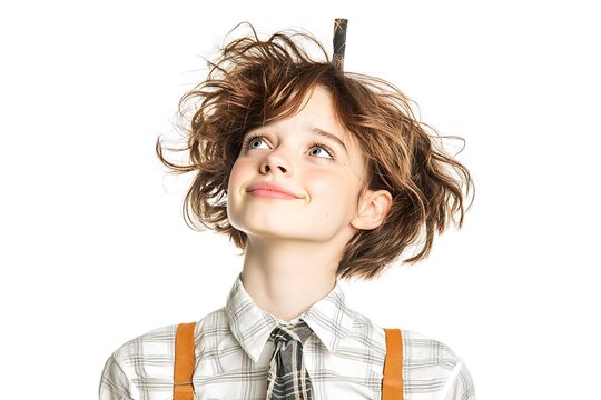 Boy looking up with messy hair, and studio.