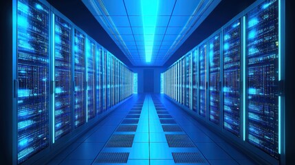 Server Room Corridor Lit by Blue Light