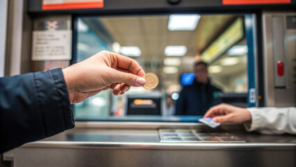 hand is offering coin ticket booth, symbolizing transaction. scene captures interaction between customer and service