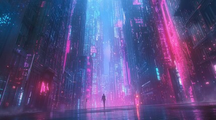 Fototapeta premium Futuristic Cityscape, Person Walking, Neon Lights, Rain