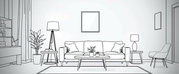 Fototapeta premium Line interior home art room design illustration outline sketch furniture Home line sofa interior hou