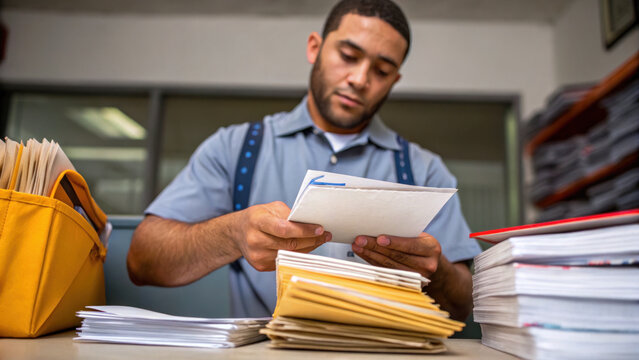 mail carrier is focused on sorting letters and packages in office environment, showcasing dedication and attention to detail