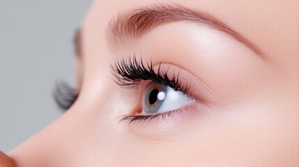 Fototapeta premium Female eye with long black eyelashes and groomed eyebrow looking forward under bright studio lighting.