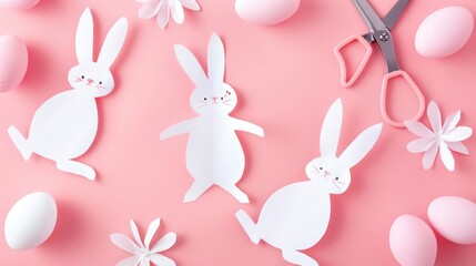 A high-definition image of a DIY Easter crafting session, with pastel-colored paper sheets, bunny cutouts, and scissors scattered on a pink background