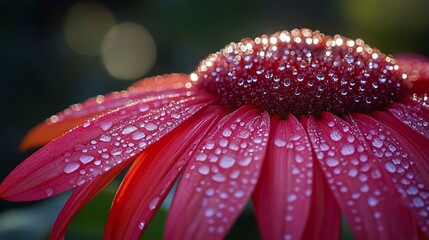 Dew-Kissed Red Flower, Garden Sunrise Closeup