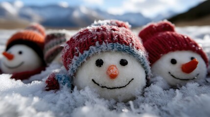 Snowy winter scene with snowmen