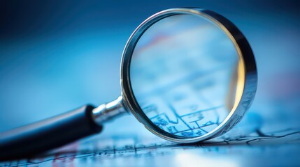 Close-up of a magnifying glass focusing on detailed printed charts and graphs on a desk