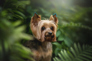 A fluffy Yorkshire Terrier explores the vibrant city park, nestled among lush ferns and foliage. The gentle sunlight creates a serene atmosphere, perfect for an afternoon adventure