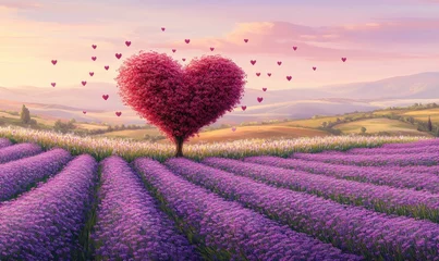 Gardinen Heart-shaped tree in lavender field at sunset  romantic love concept  ideal for Valentine's Day cards © kharis