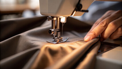 Sewing machine in action, focusing on fabric and hands, creating tailored garment with precision and care