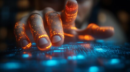 Glowing hand interacts with digital interface.