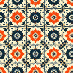 Colorful tile pattern with blue, red, and white flowers. The flowers are arranged in a way that creates a sense of movement and energy. Scene is vibrant and lively