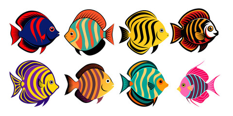 eye catching fish bundle with black silhouette line  and patterns on transparent background