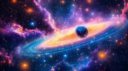 Vibrant Cosmic Nebula with Planet and Ring System Celestial Artwork