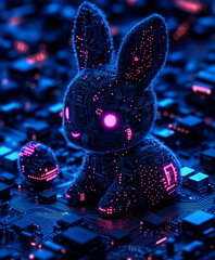 Cyberpunk Easter art with glowing tech bunny and egg. Neon pet on circuit board