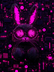 Cyberpunk Easter art with glowing tech bunny. Neon pet on circuit board