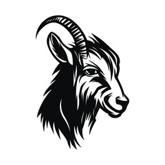 A bold and detailed silhouette of a goat head, featuring distinctive horns and strong facial features. Ideal for logos, tattoos, farm branding, wildlife illustrations, and rustic designs.