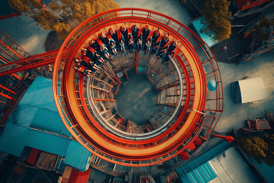 Massive rollercoaster loops and twists through a thrilling theme park, delivering exhilarating rides and excitement