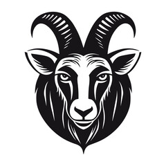 A bold and detailed silhouette of a goat head, featuring distinctive horns and strong facial features. Ideal for logos, tattoos, farm branding, wildlife illustrations, and rustic designs.