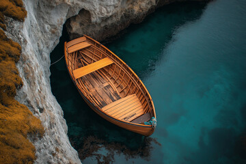 Obraz premium Traditional wooden fishing boat anchored near a cliff evokes peaceful coastal life and tranquil beauty