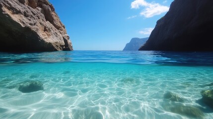 Fototapeta premium Crystal-clear turquoise water, rocky cove, stunning view