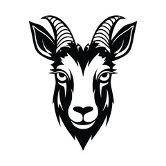 A bold and detailed silhouette of a goat head, featuring distinctive horns and strong facial features. Ideal for logos, tattoos, farm branding, wildlife illustrations, and rustic designs.