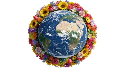 A colorful planet Earth adorned with vibrant flowers, conveying themes of ecology and renewal.
