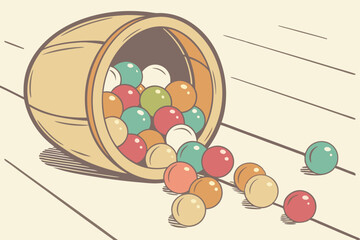 10 Colorful gumballs, Wooden bowl overflow, Vibrant spheres, Shallow depth of field, Nostalgic candy, Close-up photography, Blurred background, Wooden table surface, Assorted colors, Shiny round candi