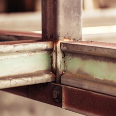 industrial close-up showing a section of weathered steel framework with visible rust