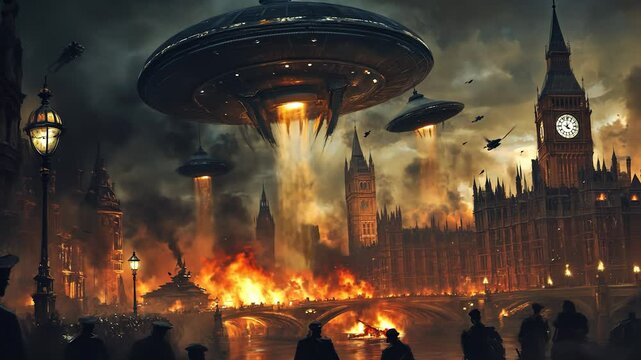 An alien spaceship flying over the city. Art war with explosions in the ufo. Smoke from a fire in the sky. A spacecraft from another planet soaring above the lifestyle city.