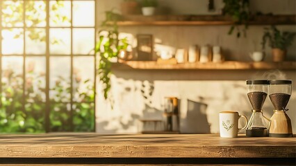 coffee brewing equipment on a wooden table with natural light from a window.