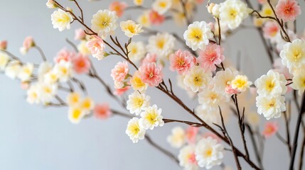 Obraz premium Artificial Flower Branches in Yellow, Pink, and White – A Soft Floral Display