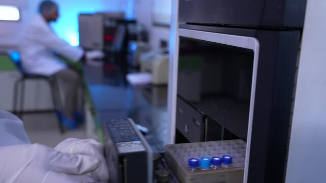 HPLC science experiment Vials filling inside an autosampler of an HPLC machine inside view in a Scientific experimental laboratory for research development analysis and ipqa test study	