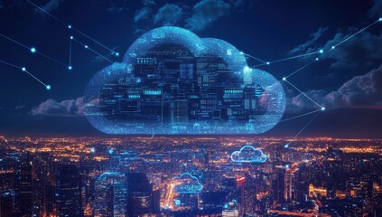 A cloud symbolizing data storage with glowing connections to various cities at night representing the global reach of big data technology and software as a service for management systems Generative AI